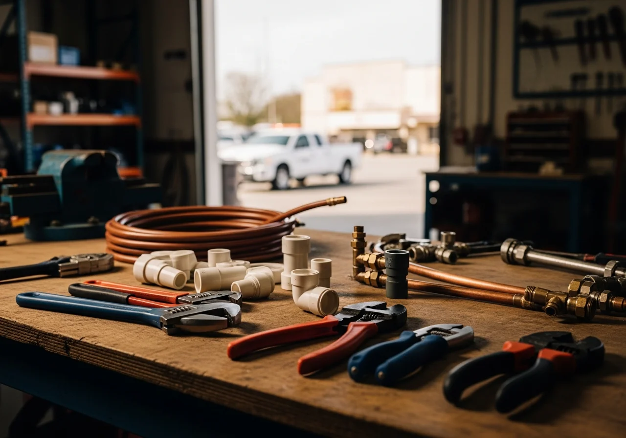 Plumbing tools and equipment arranged on a work surface, representing professional service readiness.