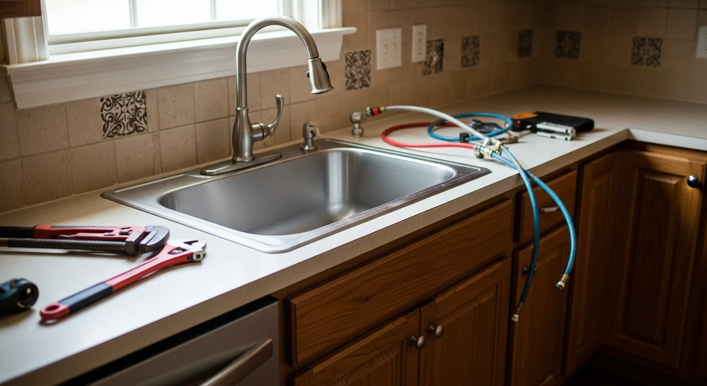 Plumber installing kitchen sink fixture
