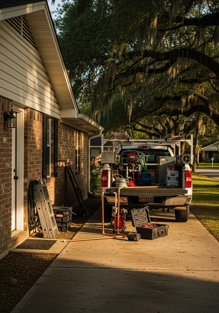 A service professional standing in front of a Central home, representing reliable neighborhood service.