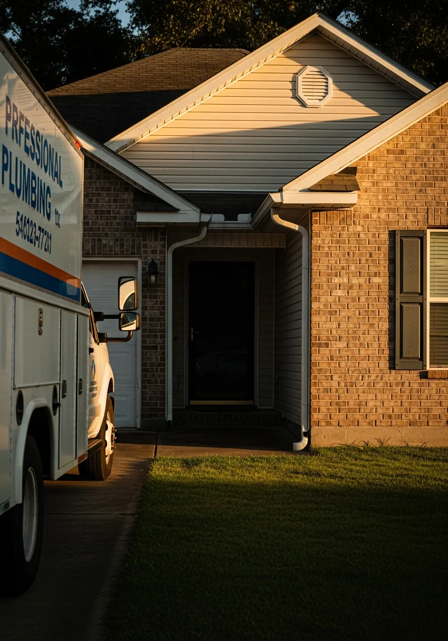 A service professional in work attire standing near a Denham Springs home, ready to assist with property needs.