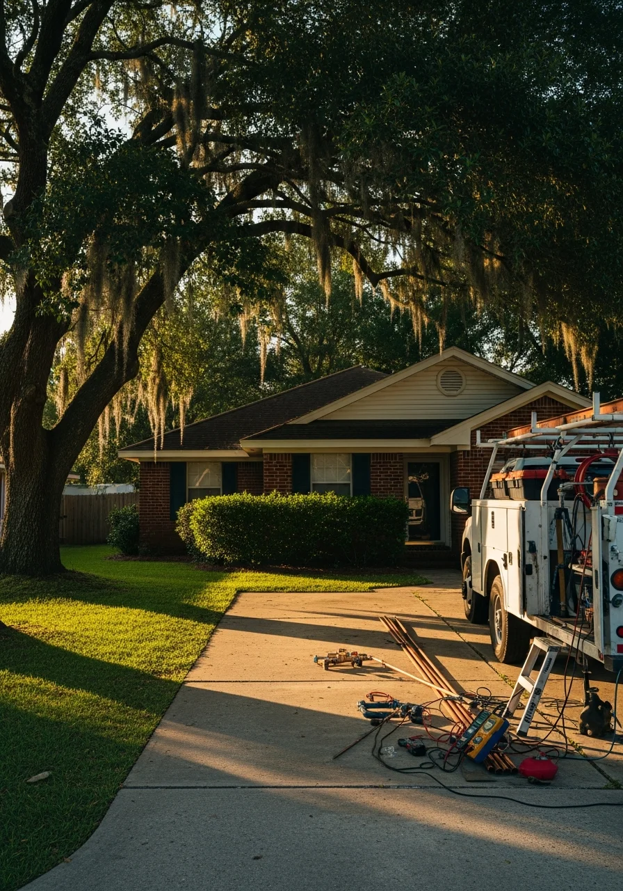 A service technician in uniform standing in front of a Walker home, ready to assist with property maintenance.