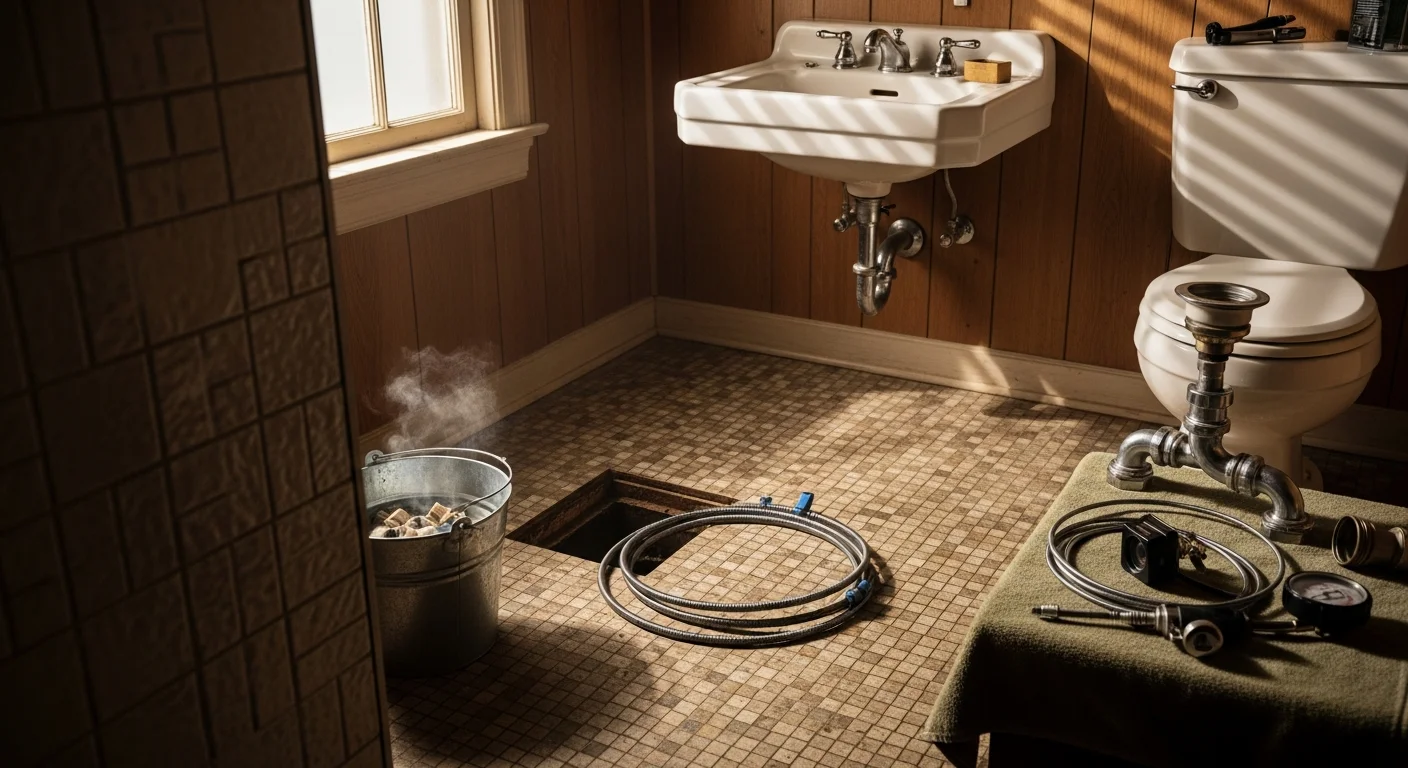 A licensed plumber from Discount Plumbing Repair, LLC clearing a blocked drain line inside a single-family home in Walker, MI. The image shows drain cleaning equipment inserted into a floor-level cleanout access point in a residential utility area.