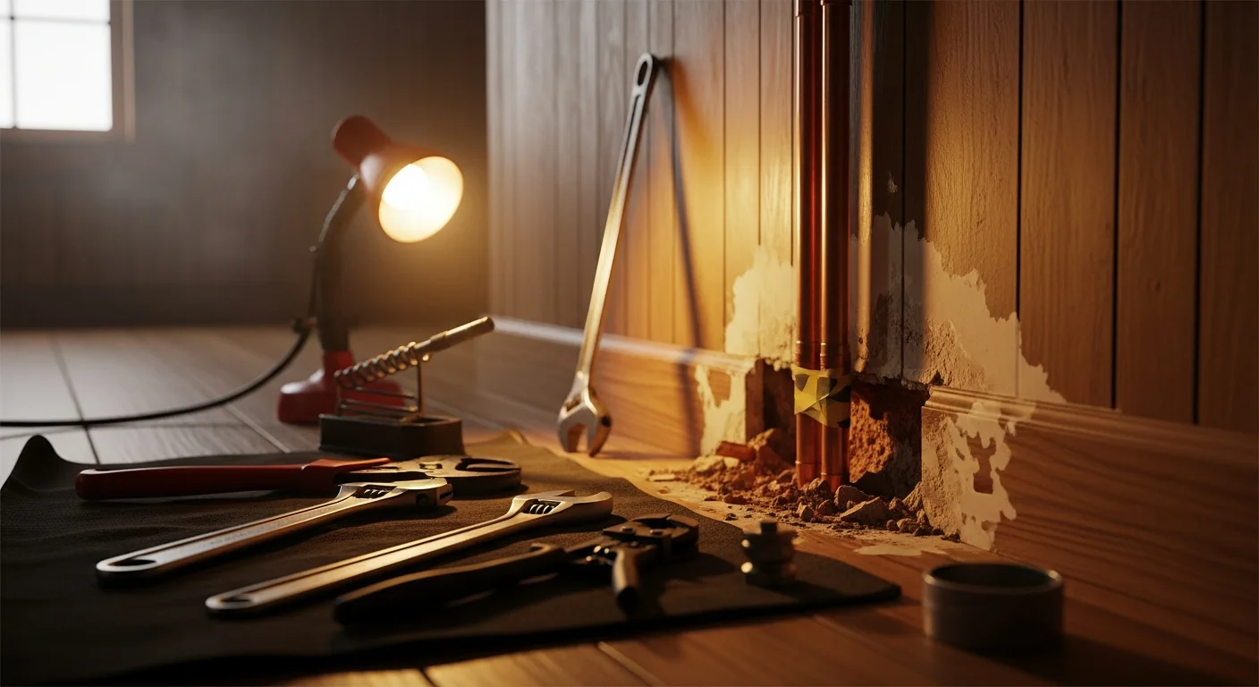 A licensed plumber from Discount Plumbing Repair, LLC repairing a burst pipe beneath a kitchen sink in a Walker, Louisiana home. Water damage is visible on the cabinet interior, and the technician is replacing the damaged pipe section.