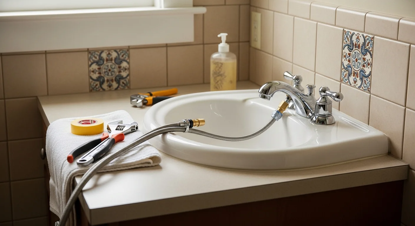 A licensed plumber installing a new bathroom faucet in a single-family home in Walker, Michigan, with supply lines and shutoff valves visible under the sink. The finished fixture is fully seated and sealed at the basin with no visible gaps.