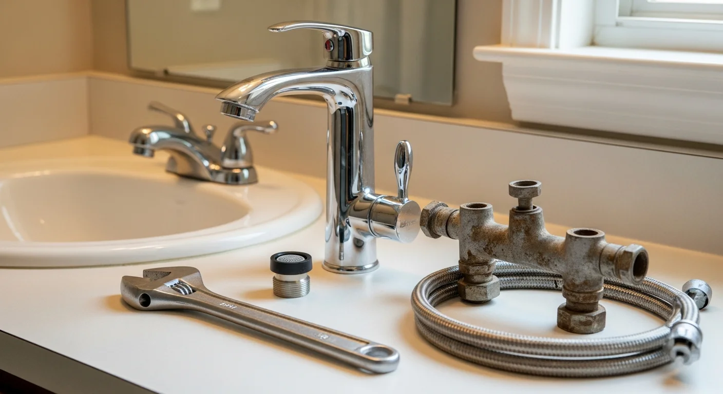 A licensed plumber installing a new bathroom faucet at a residential sink in a Walker, Louisiana home. The old corroded fixture has been removed and the supply lines are being connected to the replacement unit.