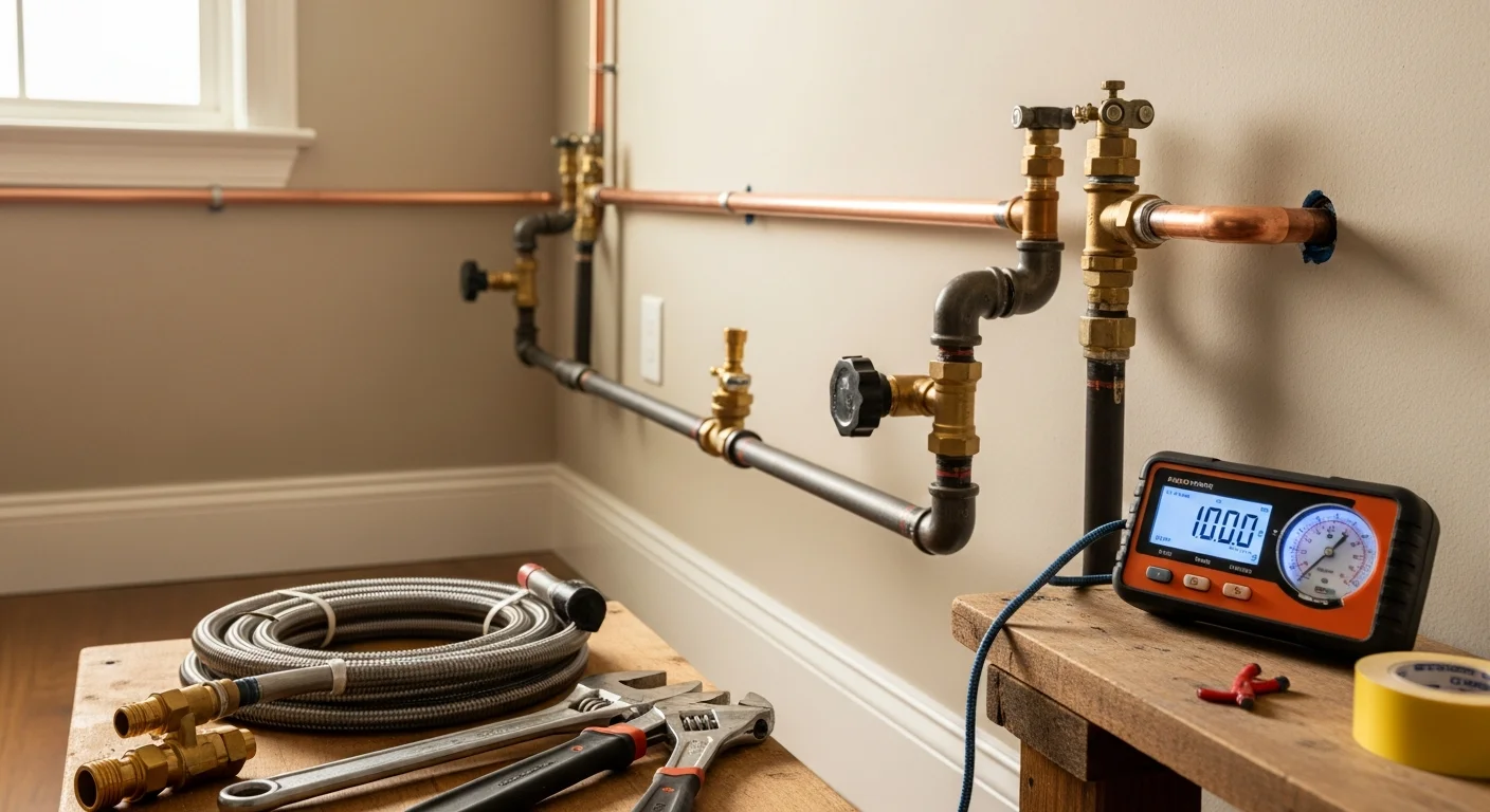 A licensed plumber from Discount Plumbing Repair, LLC pressure-testing a newly installed gas line beneath a ranch-style home in Walker, Louisiana. Copper gas piping runs along the interior wall toward a residential appliance connection point.
