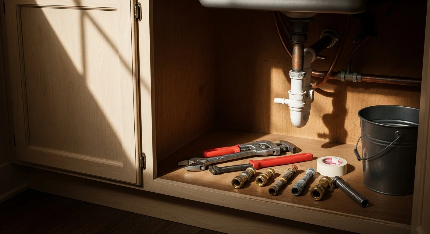 A licensed plumber from Discount Plumbing Repair, LLC reconnecting drain lines beneath a kitchen sink in a single-family home in Walker, MI. The cabinet doors are open, showing the P-trap assembly and supply line connections being serviced.