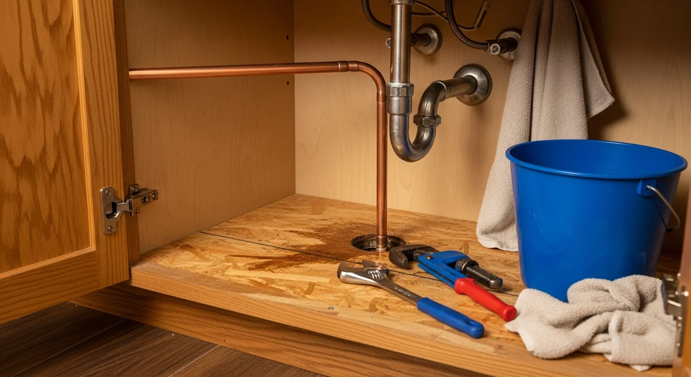 A licensed plumber from Discount Plumbing Repair, LLC inspecting a repaired pipe joint under a kitchen sink in a Walker, Michigan home. The work area is dry and clean, showing a completed leak repair with no visible moisture or corrosion remaining.