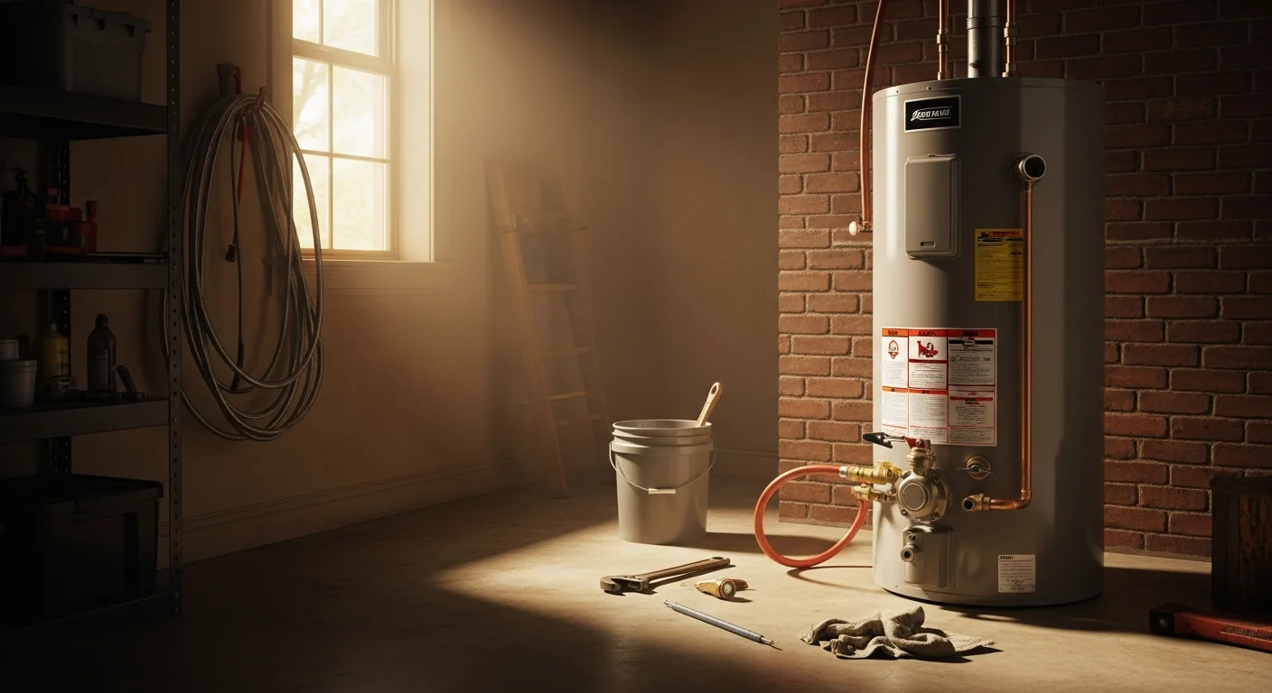 A licensed plumber inspecting a residential tank-style water heater in a utility room of a Walker, Louisiana home. The plumber checks the pressure relief valve and supply line connections during a repair visit.