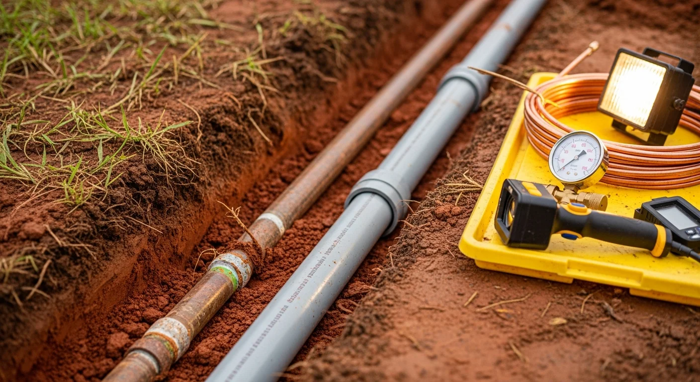 A plumber from Discount Plumbing Repair, LLC inspecting an exposed waterline at a residential property in Walker, Louisiana. The image shows a newly rerouted supply line running along a cleared path beside a home's foundation.