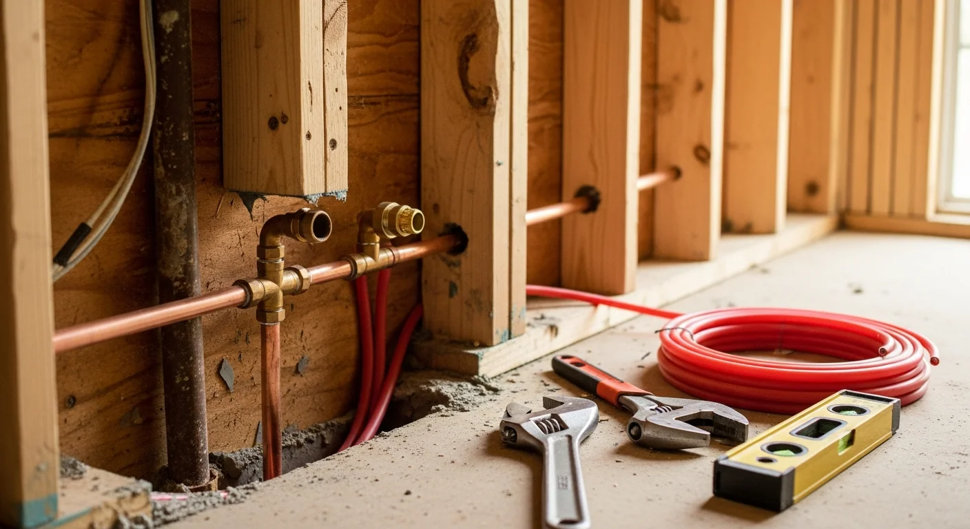 A licensed plumber running a new water supply line through an interior wall cavity in a Walker, Michigan home during a waterline rerouting service. The original damaged pipe has been capped and the new line is secured along a clear path toward the fixture connection point.